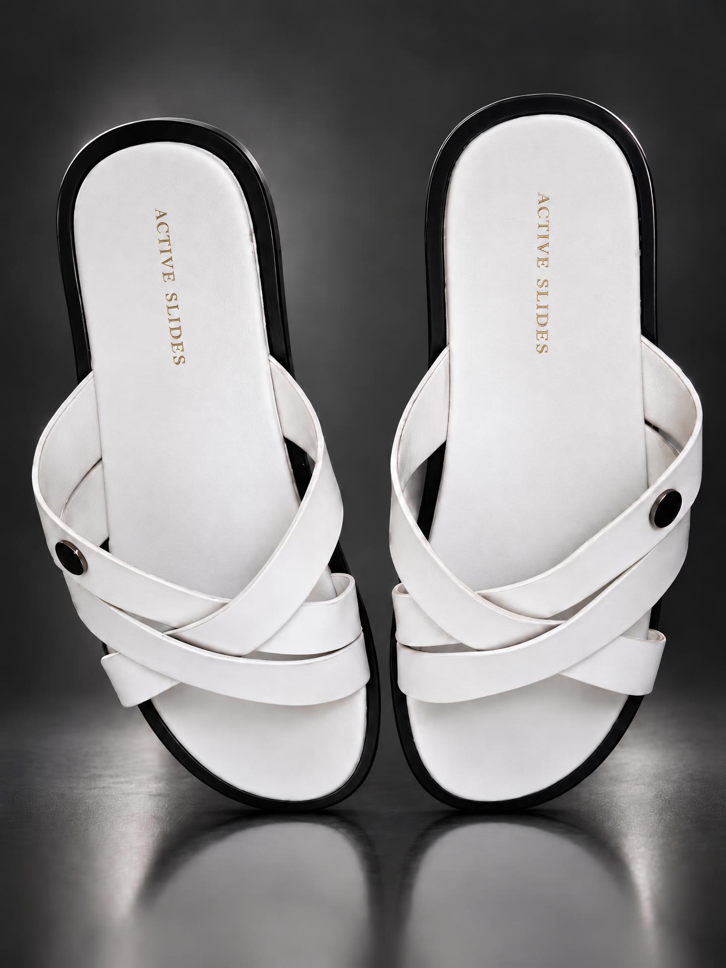 White Cross-Strap Slides