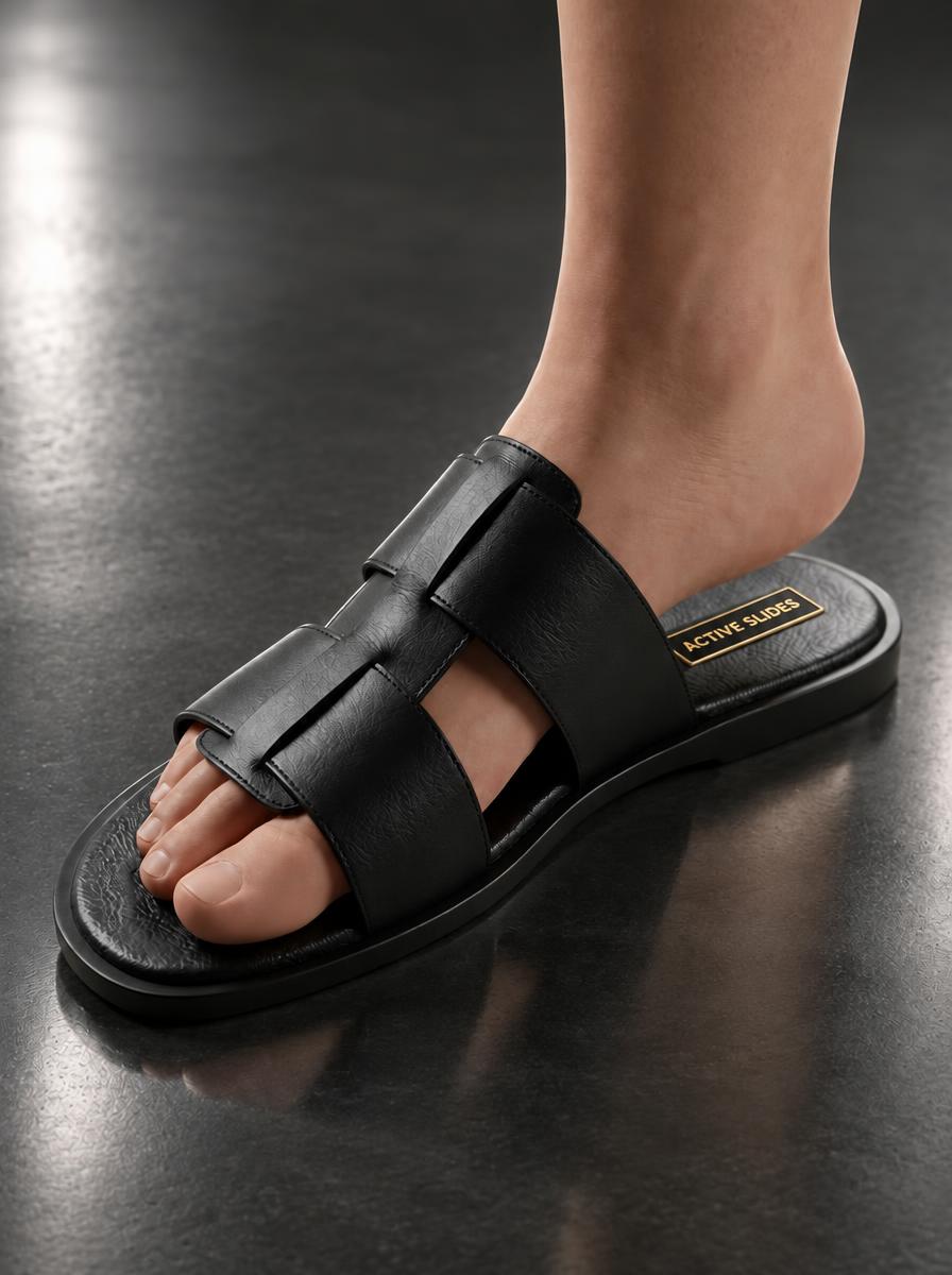 Black Woven-Strap Slides